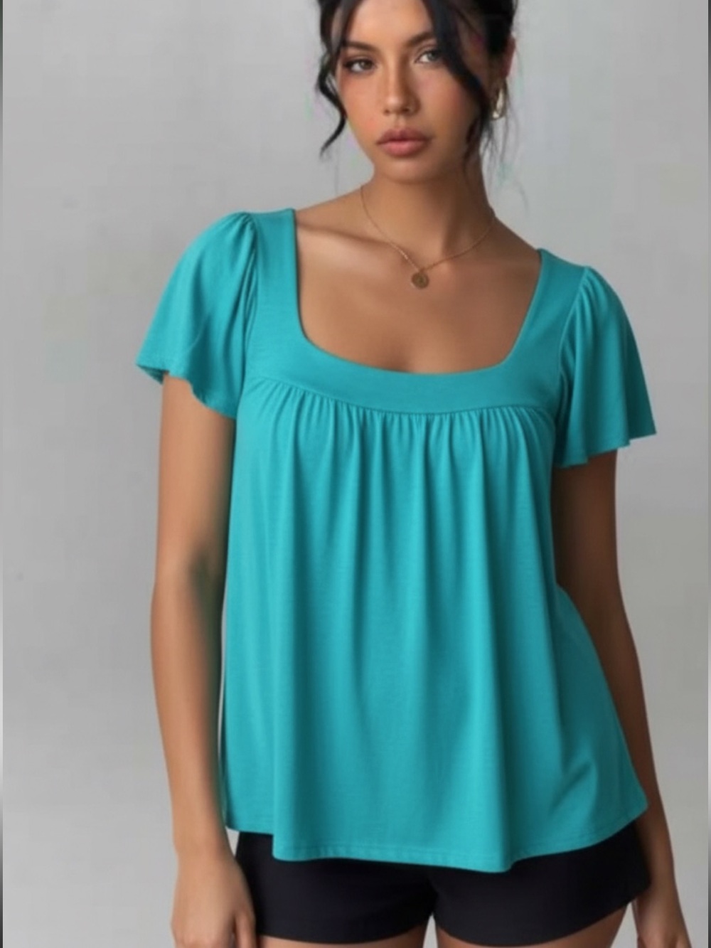 Michael Stars Women's Square Neck Flutter Sleeve Top - Turquoise